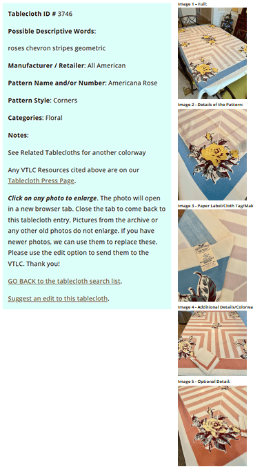 Official Vintage Tablecloth Database -Example of tablecloth details Official Vintage Tablecloth Database -Example of tablecloth details