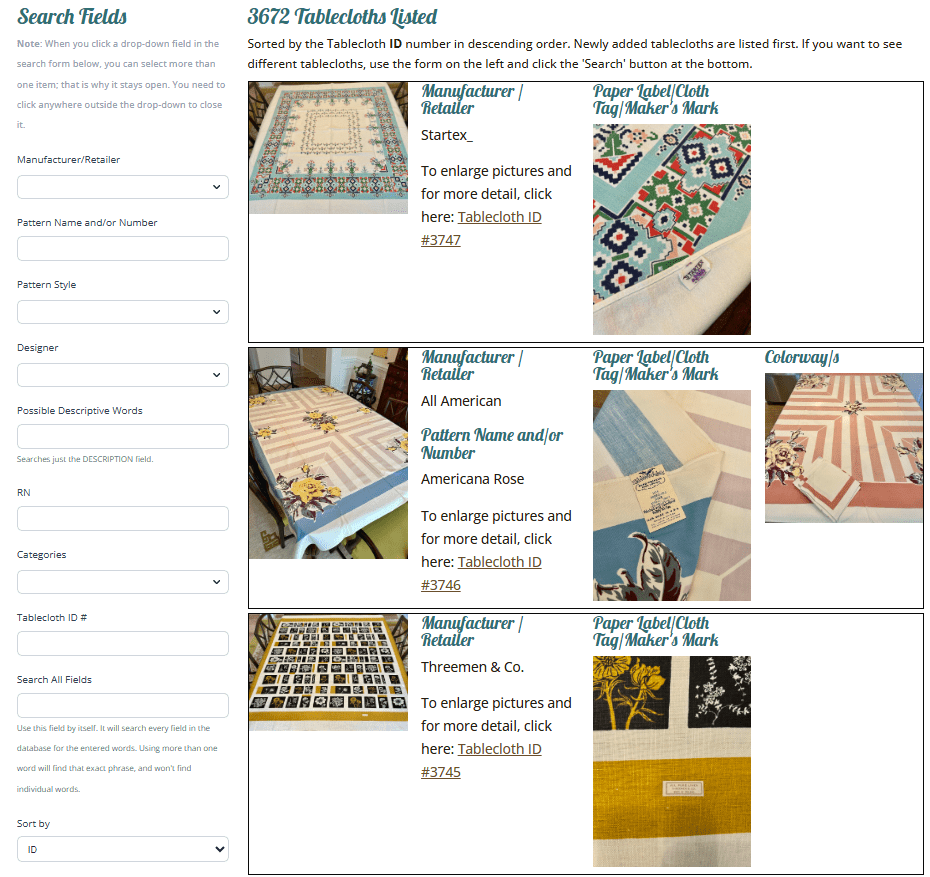 Official Vintage Tablecloth Database -Example Search List Official Vintage Tablecloth Database -Example Search List